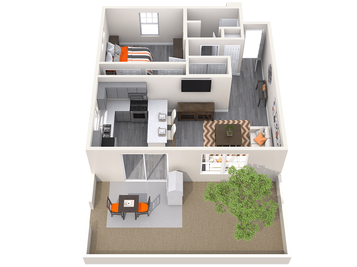 Floor plan for 1 bed, 1 bath, 637 sqft